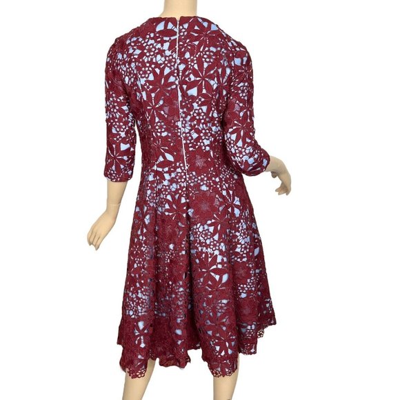 Miri New York Fit Flare Dress Blue Burgundy Floral Lace Overlay Size 6 - Picture 2 of 14